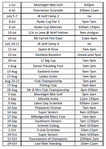 Event Calendar Lake Carroll Golf Course