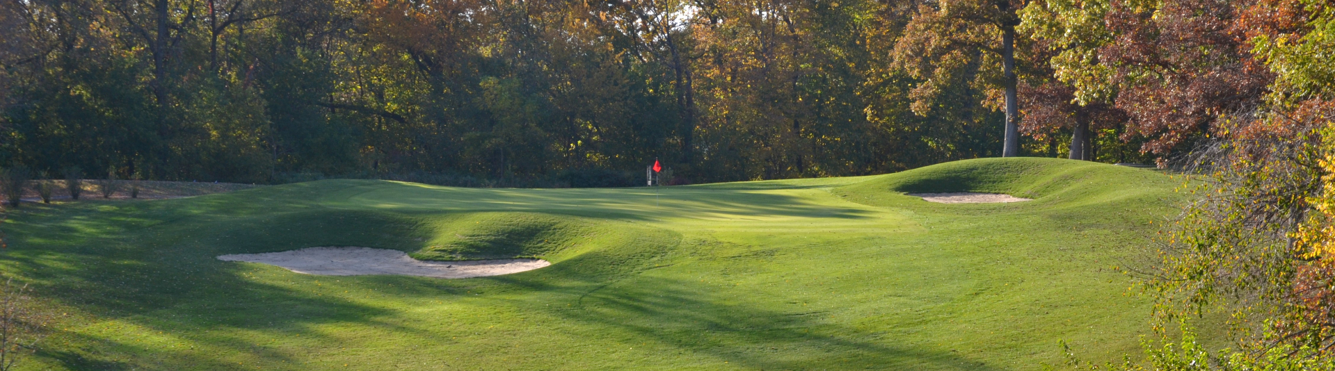 Golf course with forest surrounding holes and sand dunes 