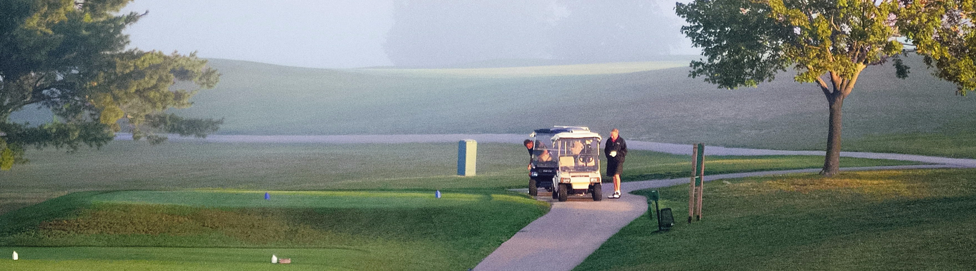 Golfers on cart on foggy course